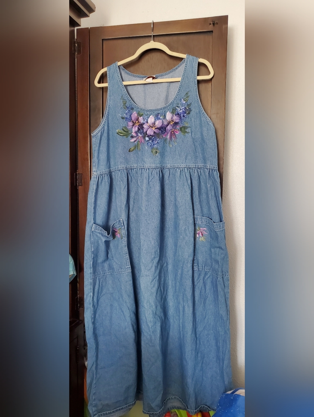 *SOLD* Denim Sleeveless Dress with Hand-Painted Purple Floral
